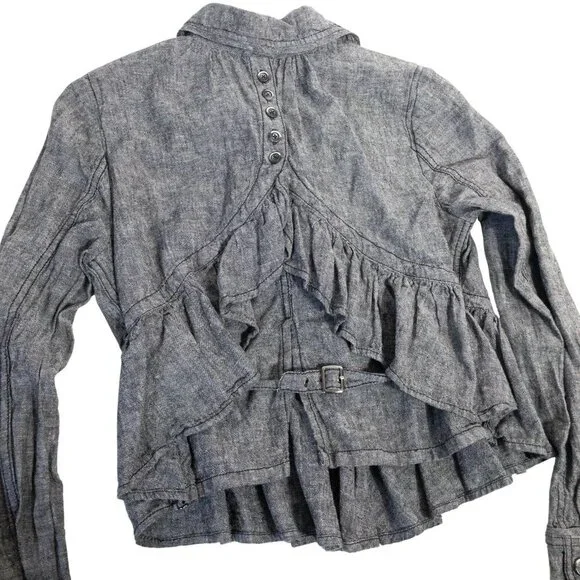 Free People XS Gray Ruffled Peplum Jacket Linen Blend - Picture 3 of 9